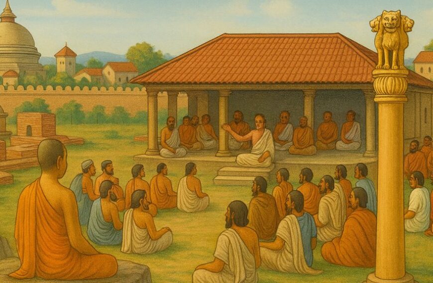 Ancient Vaishali republic assembly with citizens, monks, Ashoka pillar, and stupas in the background