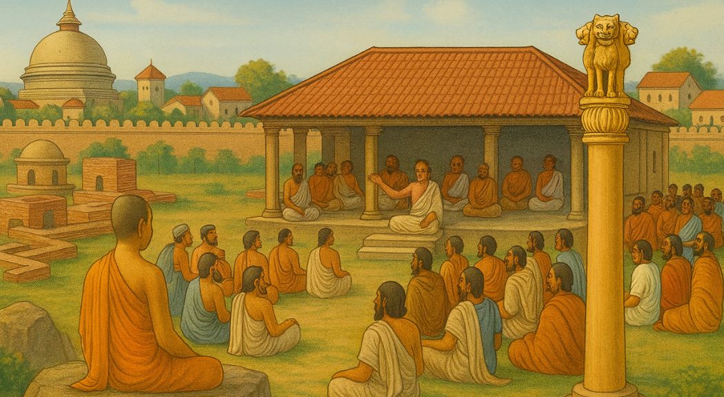 Ancient Vaishali republic assembly with citizens, monks, Ashoka pillar, and stupas in the background