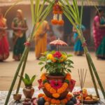 Tulsi Vivah ceremony in a Bihari village, featuring a traditional Aripan rangoli, sugarcane mandap, and a decorated Tulsi plant