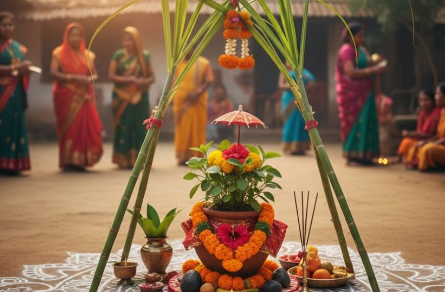 Tulsi Vivah ceremony in a Bihari village, featuring a traditional Aripan rangoli, sugarcane mandap, and a decorated Tulsi plant
