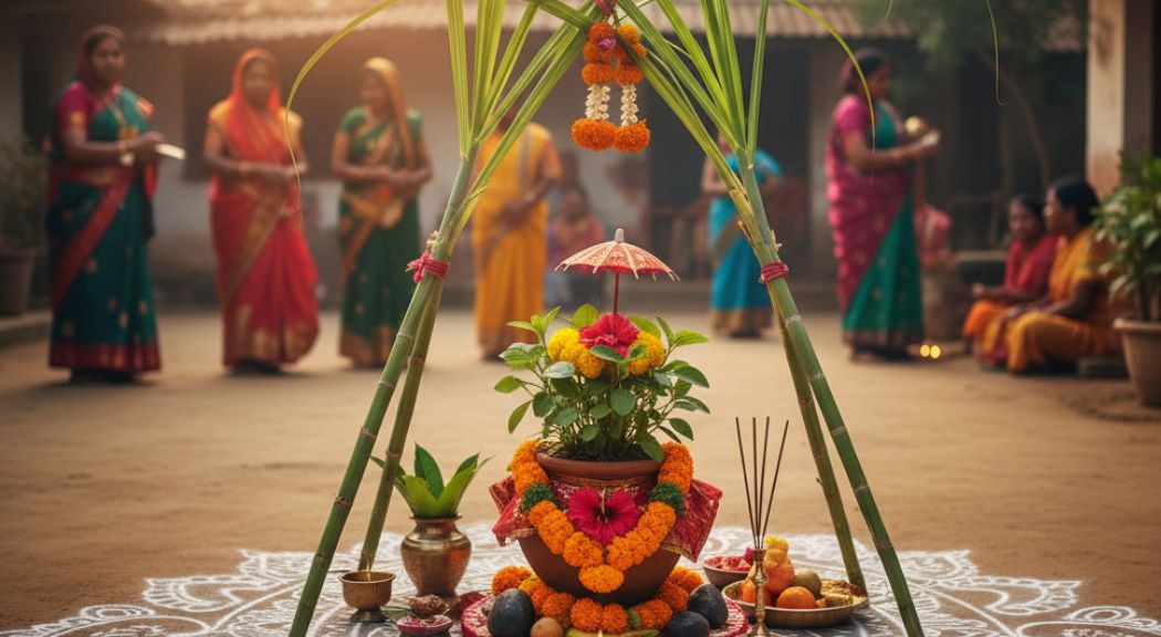Tulsi Vivah ceremony in a Bihari village, featuring a traditional Aripan rangoli, sugarcane mandap, and a decorated Tulsi plant