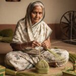 An elderly woman engaged in crafting traditional Sikki art with green fibers in a rustic setting 