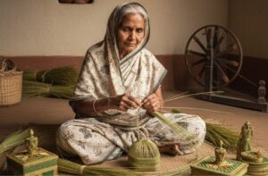 An elderly woman engaged in crafting traditional Sikki art with green fibers in a rustic setting 