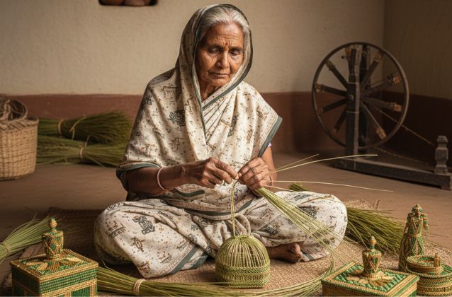 An elderly woman engaged in crafting traditional Sikki art with green fibers in a rustic setting